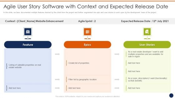 Agile User Story Software With Context And Expected Release Date Ppt Ideas File Formats PDF