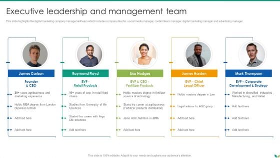 Agricultural Business Company Profile Executive Leadership And Management Team Background PDF