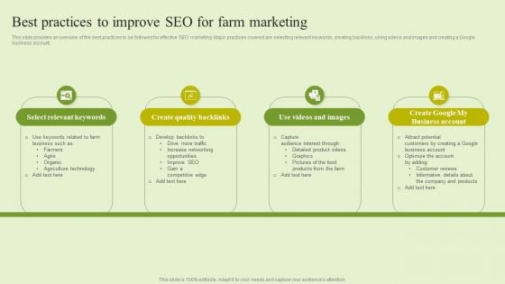 Agriculture Marketing Strategy To Improve Revenue Performance Best Practices To Improve SEO For Farm Marketing Guidelines PDF