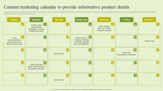 Agriculture Marketing Strategy To Improve Revenue Performance Content Marketing Calendar To Provide Informative Infographics PDF