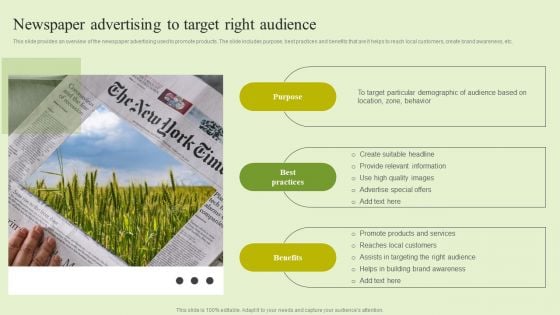 Agriculture Marketing Strategy To Improve Revenue Performance Newspaper Advertising To Target Right Audience Mockup PDF