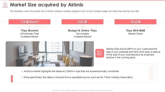 Airbnb Investor Funding Elevator Pitch Deck Market Size Acquired By Airbnb Icons PDF