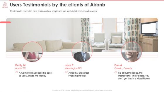 Airbnb Investor Funding Elevator Pitch Deck Users Testimonials By The Clients Of Airbnb Designs PDF