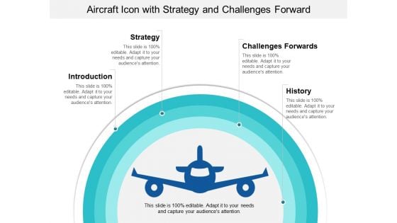 Aircraft Icon With Strategy And Challenges Forward Ppt PowerPoint Presentation Gallery Display PDF