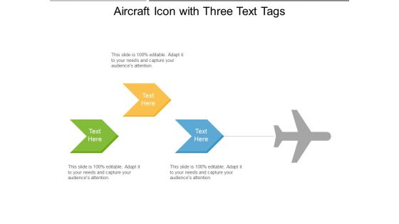 Aircraft Icon With Three Text Tags Ppt PowerPoint Presentation File Background Designs PDF