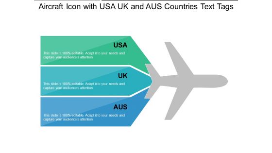 Aircraft Icon With USA UK And AUS Countries Text Tags Ppt PowerPoint Presentation Gallery Infographics PDF