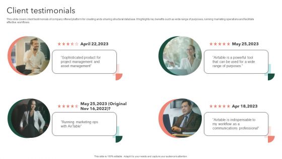 Airtable Capital Funding Pitch Deck Client Testimonials Infographics PDF