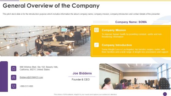 Alejandro Cremades Investor Financing Pitch Deck SOMA General Overview Of The Company Infographics PDF