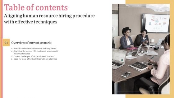 Aligning Human Resource Hiring Procedure With Effective Techniques Table Of Contents Information PDF