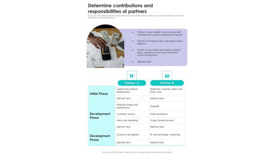 Alliance Funding Determine Contributions And Responsibilities Of Partners One Pager Sample Example Document