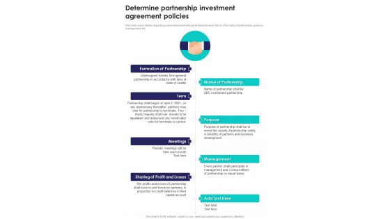 Alliance Funding Determine Partnership Investment Agreement One Pager Sample Example Document