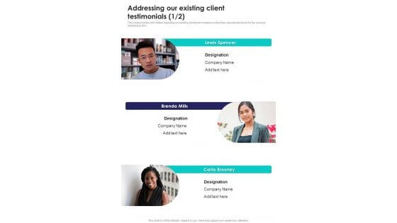 Alliance Funding Proposal Addressing Our Existing Client Testimonials One Pager Sample Example Document Alliance Funding Proposal Addressing Our Existing Client Testimonials One Pager Sample Example Document