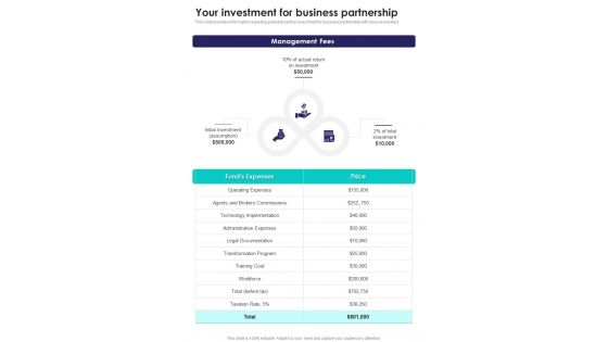 Alliance Funding Your Investment For Business Partnership One Pager Sample Example Document Alliance Funding Your Investment For Business Partnership One Pager Sample Example Document