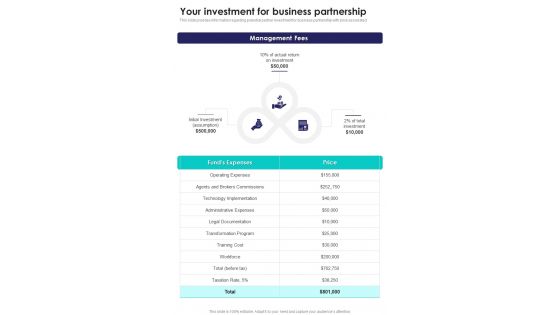 Alliance Funding Your Investment For Business Partnership One Pager Sample Example Document