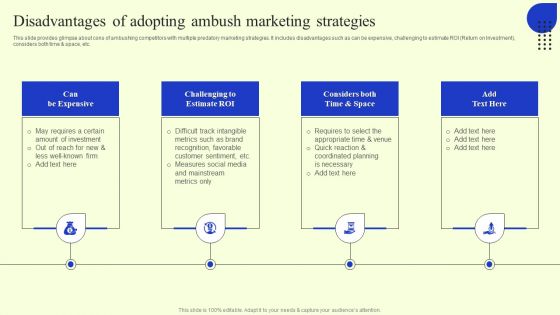 Ambush Marketing Plan To Create Brand Awareness Disadvantages Of Adopting Ambush Marketing Strategies Themes PDF