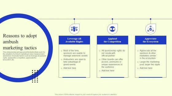 Ambush Marketing Plan To Create Brand Awareness Reasons To Adopt Ambush Marketing Tactics Diagrams PDF Ambush Marketing Plan To Create Brand Awareness Reasons To Adopt Ambush Marketing Tactics Diagrams PDF