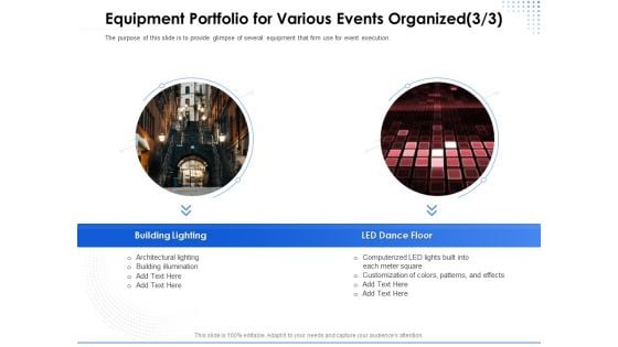 Amusement Event Coordinator Equipment Portfolio For Various Events Organized Building Ppt Summary Graphics PDF