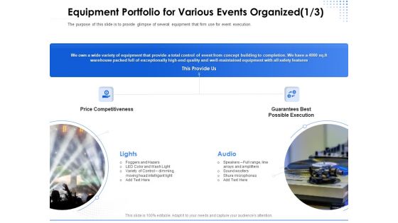 Amusement Event Coordinator Equipment Portfolio For Various Events Organized Execution Ppt Model Graphics Example PDF