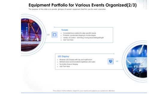 Amusement Event Coordinator Equipment Portfolio For Various Events Organized Vision Ppt Gallery Display PDF