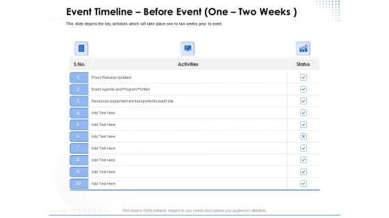 Amusement Event Coordinator Event Timeline Before Event One Two Weeks Ppt PowerPoint Presentation Summary Graphics Template PDF