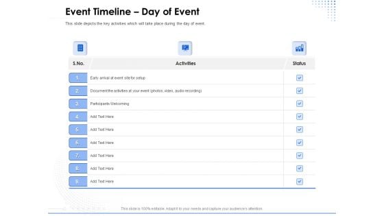 Amusement Event Coordinator Event Timeline Day Of Event Ppt PowerPoint Presentation Layouts Icon PDF