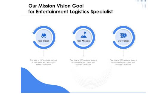 Amusement Event Coordinator Our Mission Vision Goal For Entertainment Logistics Specialist Ppt Professional Gallery PDF