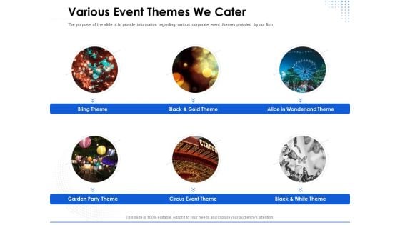 Amusement Event Coordinator Various Event Themes We Cater Ppt PowerPoint Presentation Portfolio Good PDF