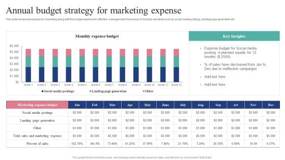 Annual Budget Strategy For Marketing Expense Summary PDF