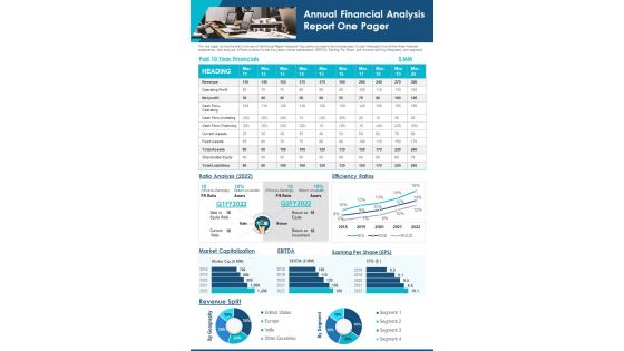 Annual Financial Analysis Report One Pager PDF Document PPT Template