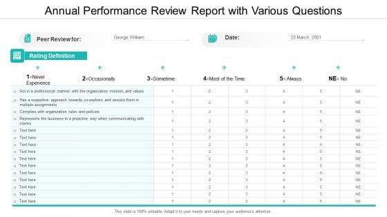 Annual Performance Review Report With Various Questions Ppt Show Clipart Images PDF Annual Performance Review Report With Various Questions Ppt Show Clipart Images PDF