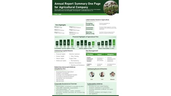 Annual Report Summary One Page For Agricultural Company PDF Document PPT Template