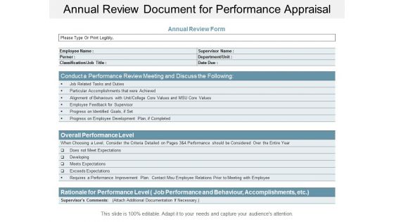 Annual Review Document For Performance Appraisal Ppt Powerpoint Presentation Design Templates