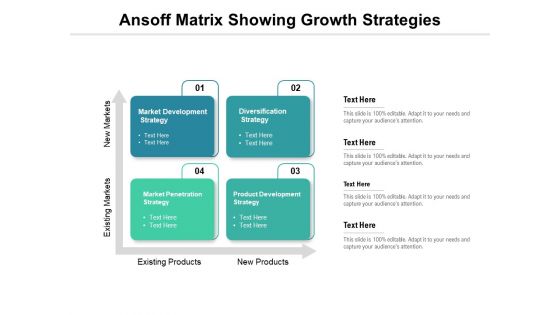 Ansoff Matrix Showing Growth Strategies Ppt PowerPoint Presentation Portfolio Example Introduction