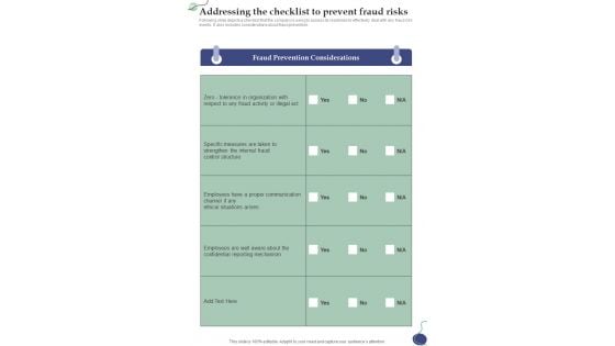 Anti Fraud Guide Addressing The Checklist To Prevent One Pager Sample Example Document