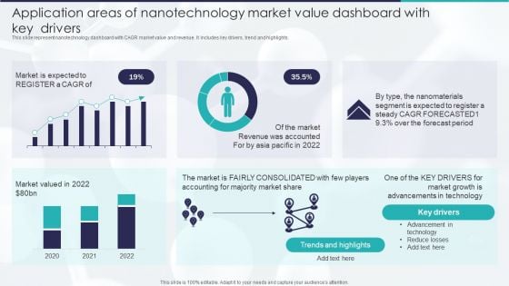 Application Areas Of Nanotechnology Market Value Dashboard With Key Drivers Topics PDF