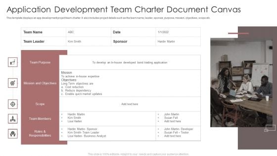 Application Development Team Charter Document Canvas Ppt Summary Infographics PDF