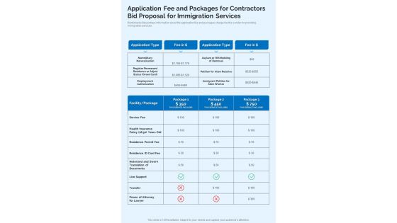 Application Fee Packages Contractors Bid Proposal For Immigration Services One Pager Sample Example Document Application Fee Packages Contractors Bid Proposal For Immigration Services One Pager Sample Example Document