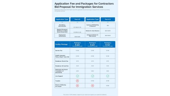 Application Fee Packages Contractors Bid Proposal For Immigration Services One Pager Sample Example Document