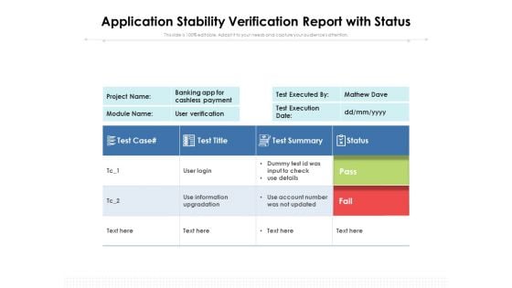 Application Stability Verification Report With Status Ppt PowerPoint Presentation Gallery Ideas PDF