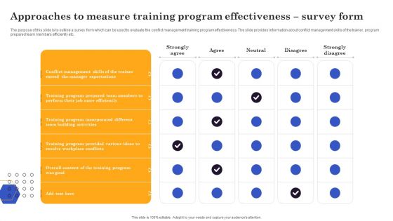 Approaches To Measure Training Program Effectiveness Conflict Resolution Method Icons PDF