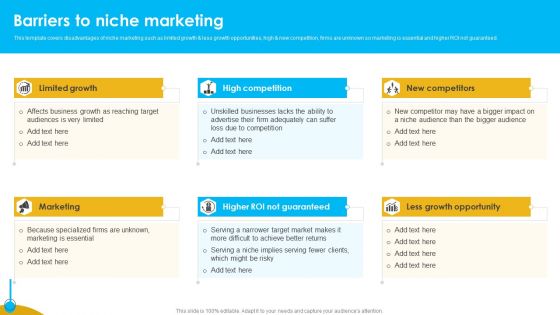Approaches To Targeting New Customers In Various Markets Barriers To Niche Marketing Brochure PDF Approaches To Targeting New Customers In Various Markets Barriers To Niche Marketing Brochure PDF