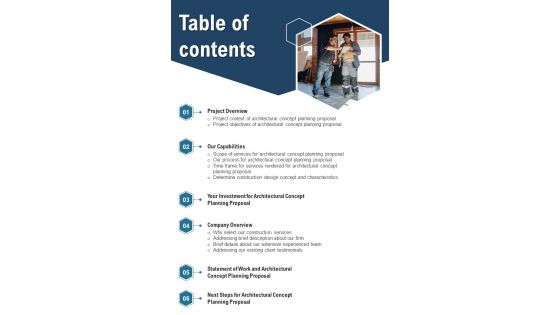 Architectural Concept Planning Proposal Table Of Contents One Pager Sample Example Document