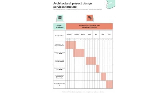 Architectural Project Design Services Timeline One Pager Sample Example Document