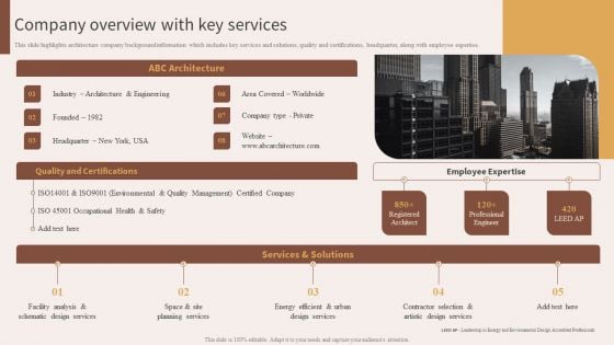 Architecture Engineering Planning Services Company Company Overview With Key Services Structure PDF