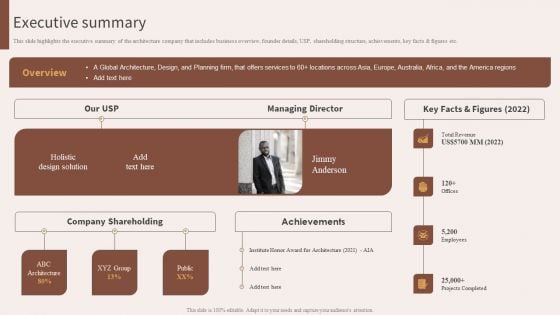 Architecture Engineering Planning Services Company Executive Summary Template PDF