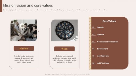 Architecture Engineering Planning Services Company Mission Vision And Core Values Diagrams PDF