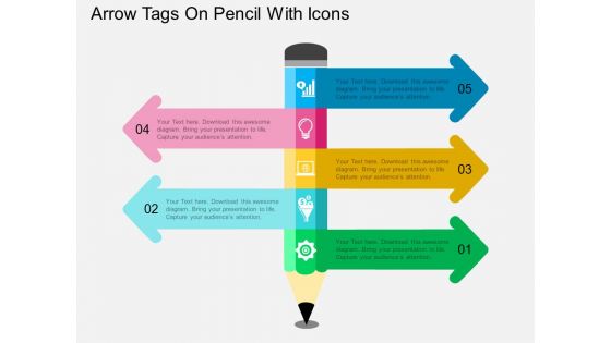 Arrow Tags On Pencil With Icons Powerpoint Template