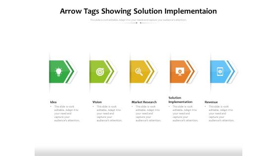 Arrow Tags Showing Solution Implementaion Ppt PowerPoint Presentation Infographics Aids PDF