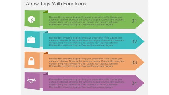 Arrow Tags With Four Icons Powerpoint Template