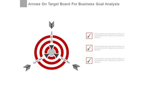 Arrows On Target Board For Business Goal Analysis Powerpoint Slides